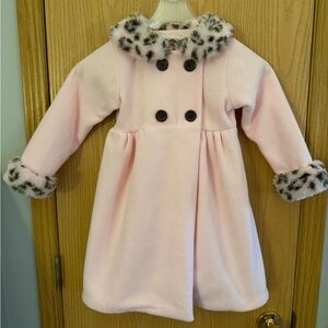 PETES PARTNER Vintage Faux Fur Animal Print Trim Pink Kids Coat with Hat Size 5